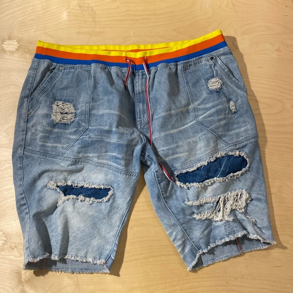 Born Fly Stylish Distressed Denim Shorts with Colorful Waistband 46 (OV) - Picture 3 of 10